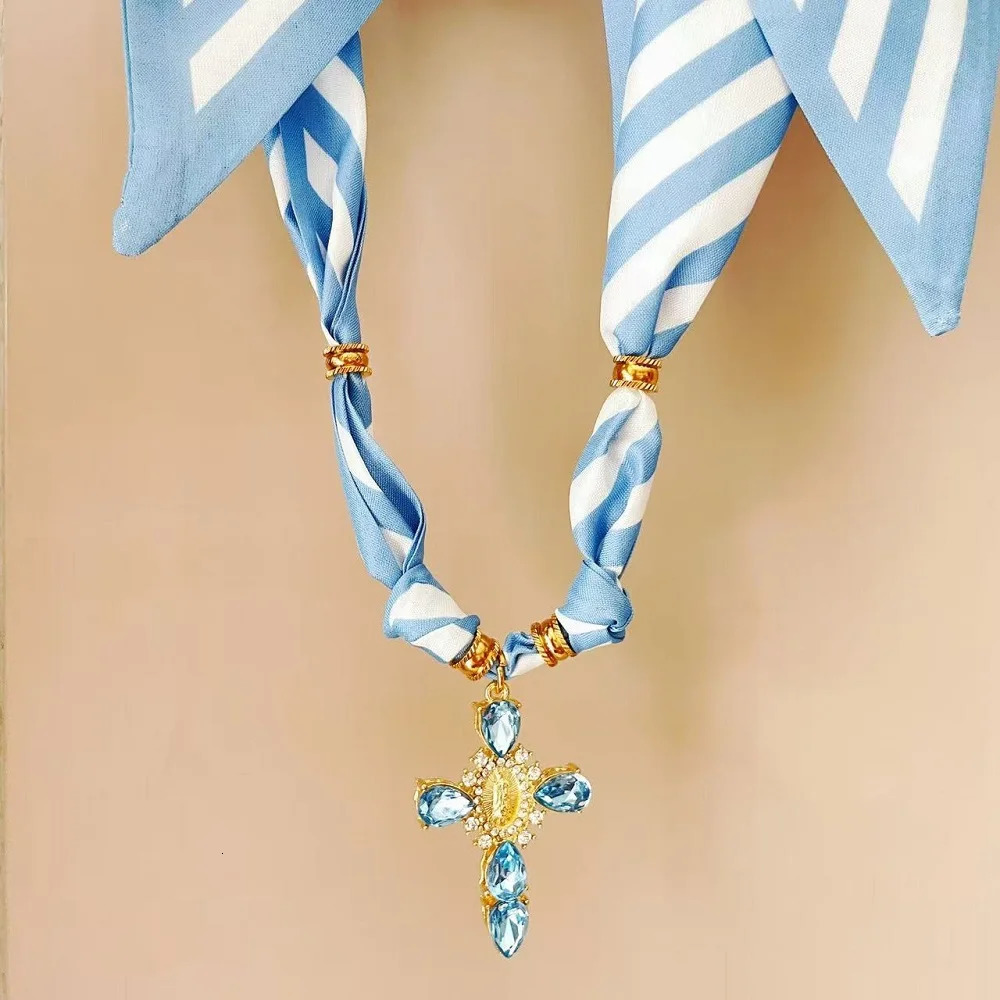 Blue Navy Pink Cross Bandana Necklace Rhinestone Cross with Virgin Mary Medallion Fashion Adjustable Scarf Chocker 251031