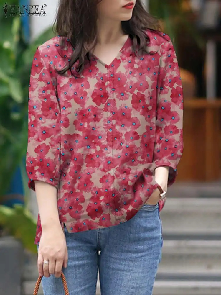 Vintage Party Holiday Blouse ZANZEA Women Bohemian Floral Printed V Neck 3/4 Sleeve Shirt Blusas Spring Casual Loose Tunic Tops 250325