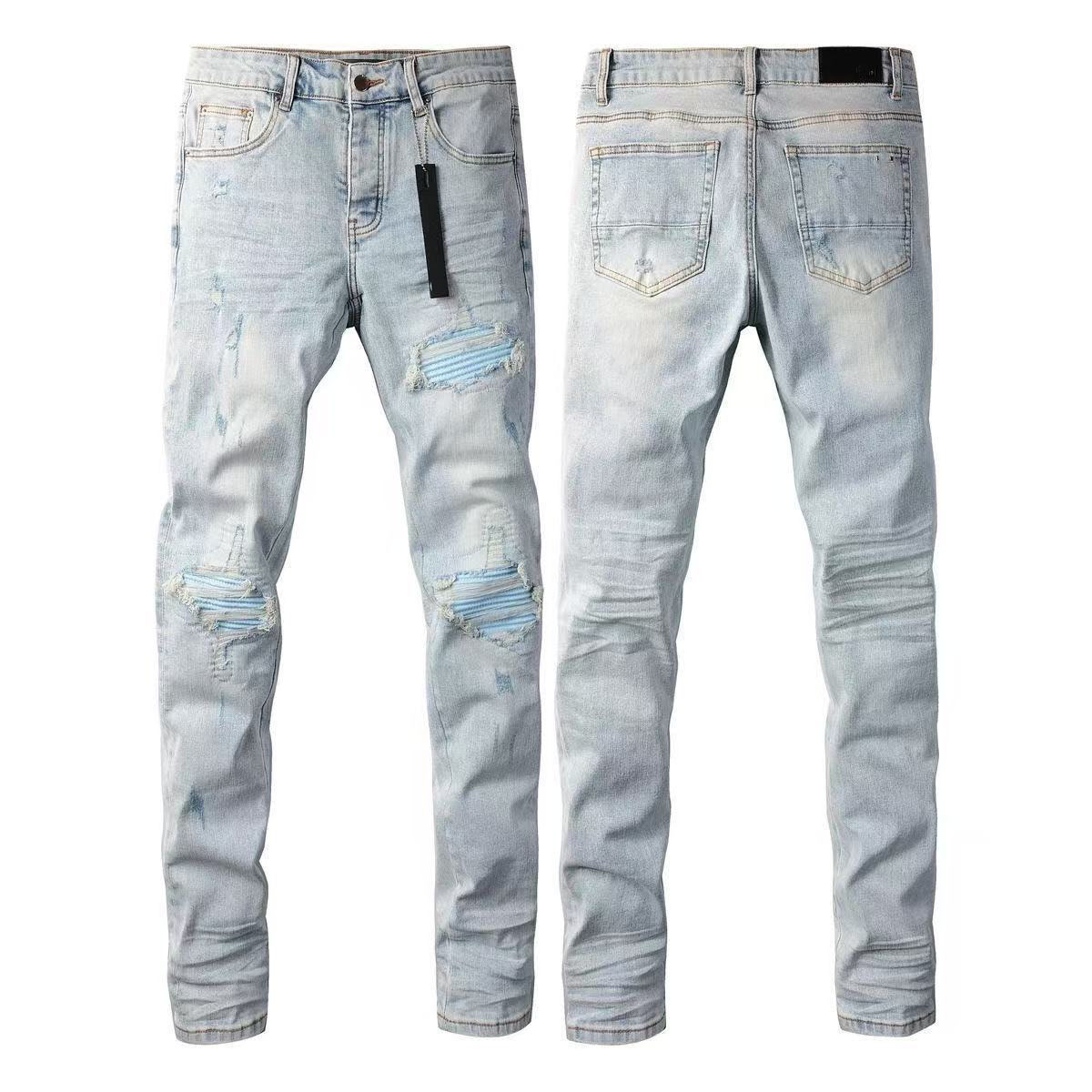 25ss new high street trendy brand ripped blue patch elastic slim fit light colored distressed jeans for men