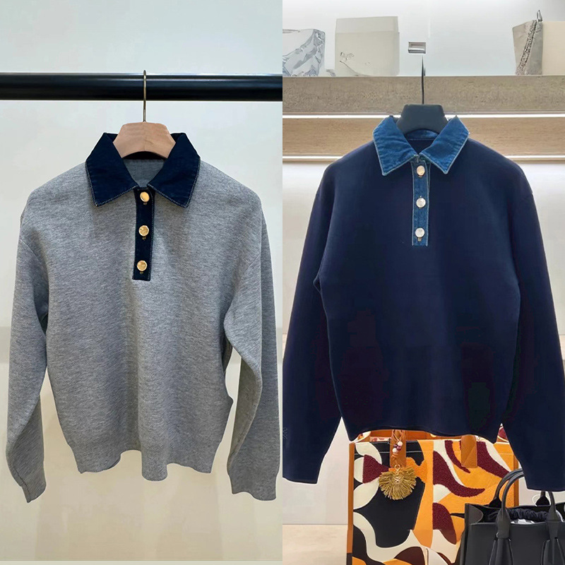 Women's Sweaters Knit Sweater Embroidery polo sweater Denim Splice Turn-down Collar Long Sleeve Female Pullover With Buttons Autumn Winter design
