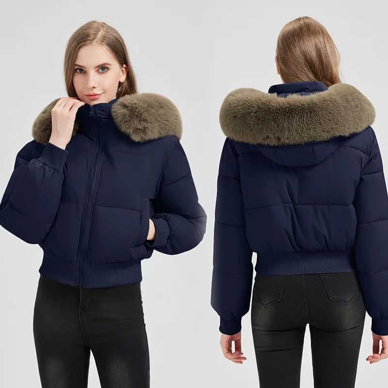 Korean Style Down Cotton Coat 2025 Thicken Short Womens Winter Jacket Casual Warm Fur Hooded Cropped Parkas Chic StreetwearT251105