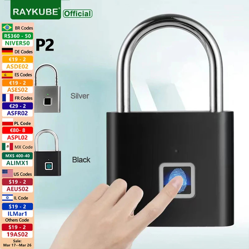 RAYKUBE P2 Smart Fingerprint Padlock Waterproof Zinc Alloy Biometric Padlocks With Buit-in Rechargeable Battery 250402