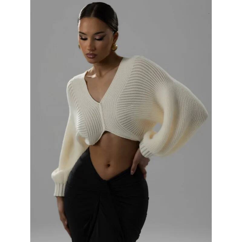 winter jacket women Knit Crop Sweater Women Y2K Lantern Sleeve Casuals Autumn Simple Classic Comfortable Elegant Basic V-Neck Loose Tops