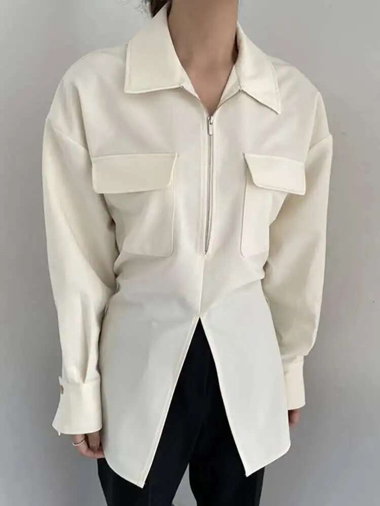 Women White Zipper Pocket Back Bandage Blouse New Lapel Long Sleeve Loose Fit Shirt Fashion Spring Autumn 2025 1Df1491
