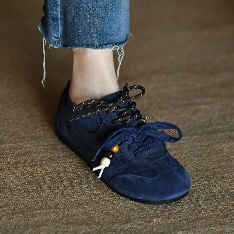 Lace-up Single Shoes Autumn New Round Toe Deep Mouth Spld Suede Soft Sole Non-Slip Flats Y251105