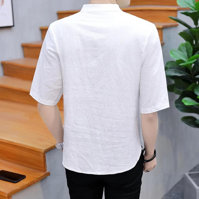 short sleeved T-shirt for mens teenage trend Chinese style button up summer T-shirt 250402