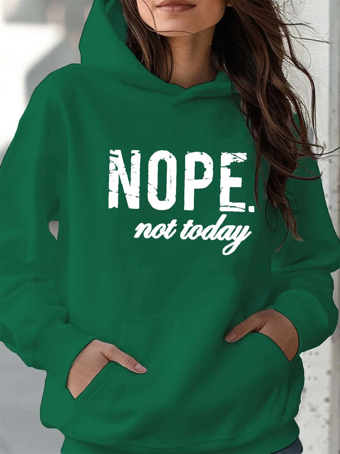 Womens autumn and winter warm and loose casual NOPE not today printed suede long sleeved hooded sweatshirtT251105