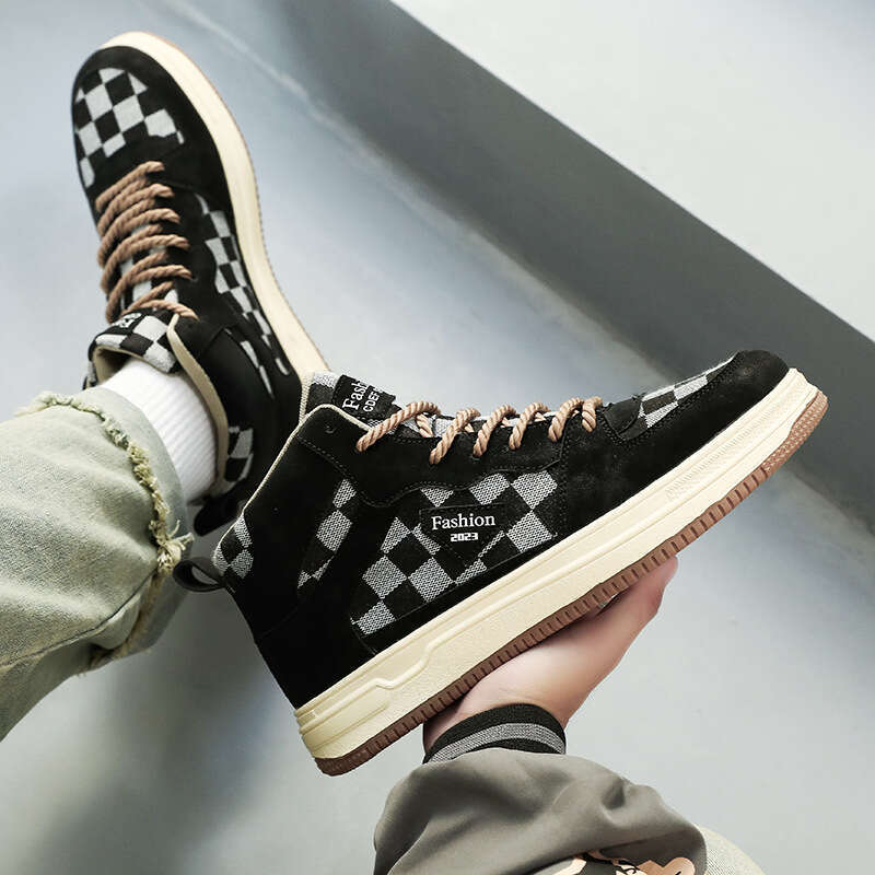 Autumn Student High Top Board Lace up Plaid Sports Men's Large Casual Canvas Shoes