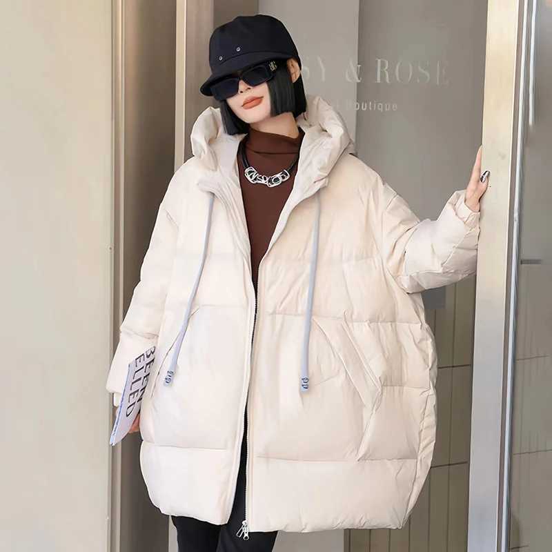 Schinteon Women Down Jacket Casual Loose Over Size Autumn Winter Thick Warm Outwear with Hood White Duck Down Long Coat 2024 NewT251105