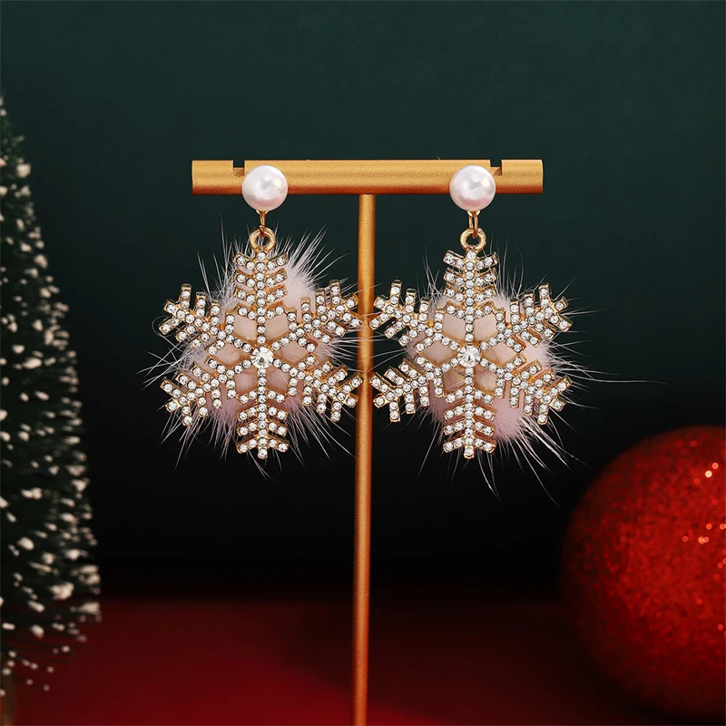 Lovely Zircon Snowflake Pearl Charm Earring For Women Christmas Flocking Hairball Bowknot Stud Earrings Year Party Jewelry 251131