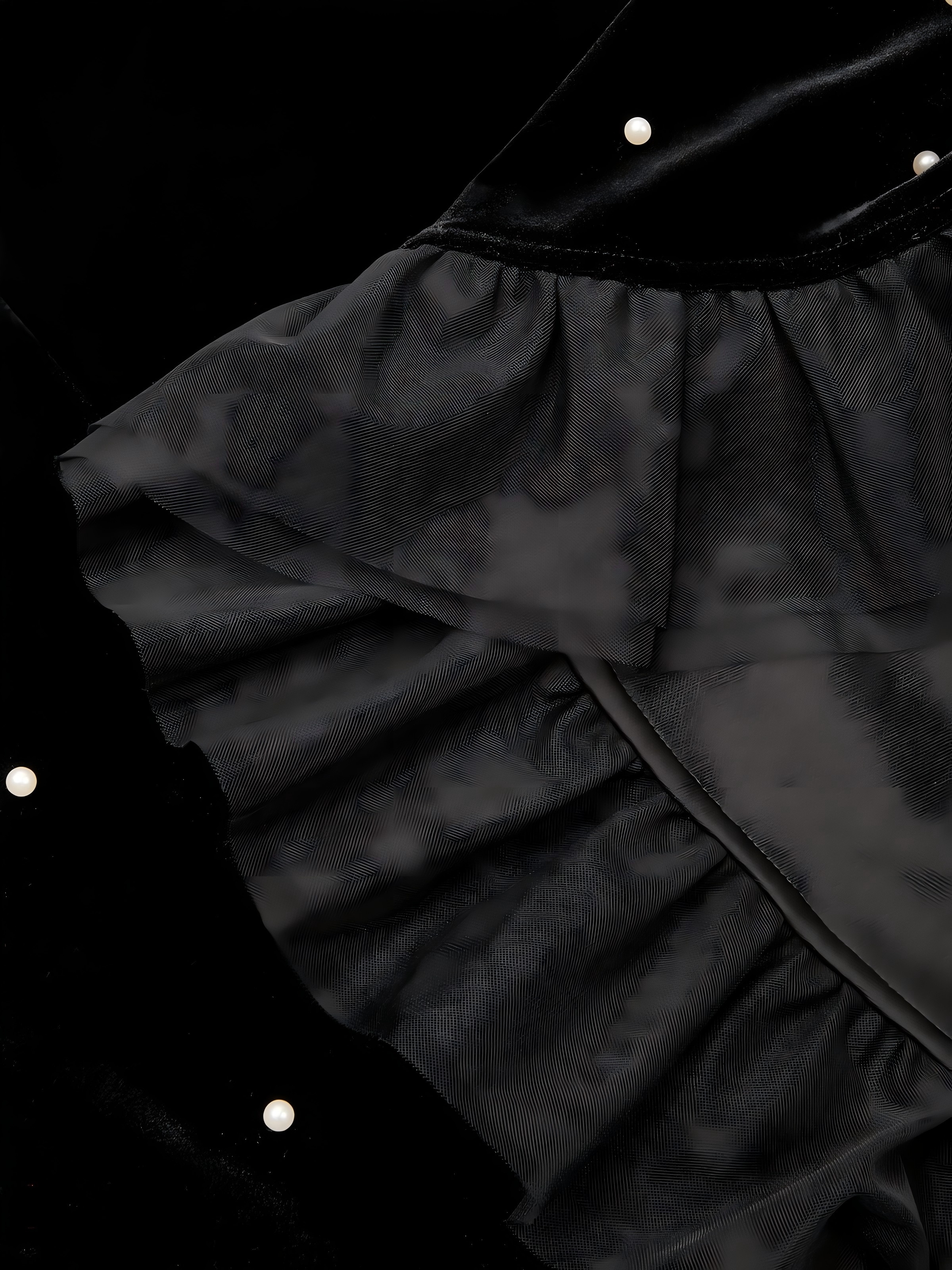 Women's Velvet Mock Neck Midi Dress with Pearl Detailing & Tulle Trim, Elegant Long Sleeve Dress for Formal & Evening Events 23576