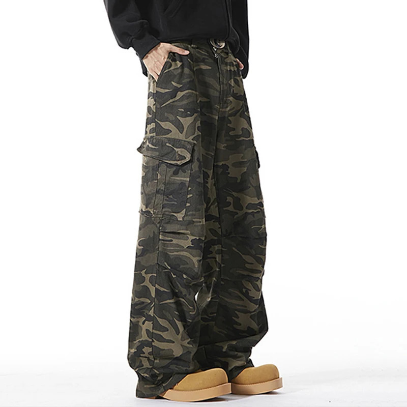 Mens Baggy camouflage open top cargo jeans mens classic straight casual denim pants American style street hip-hop denim troops 250402