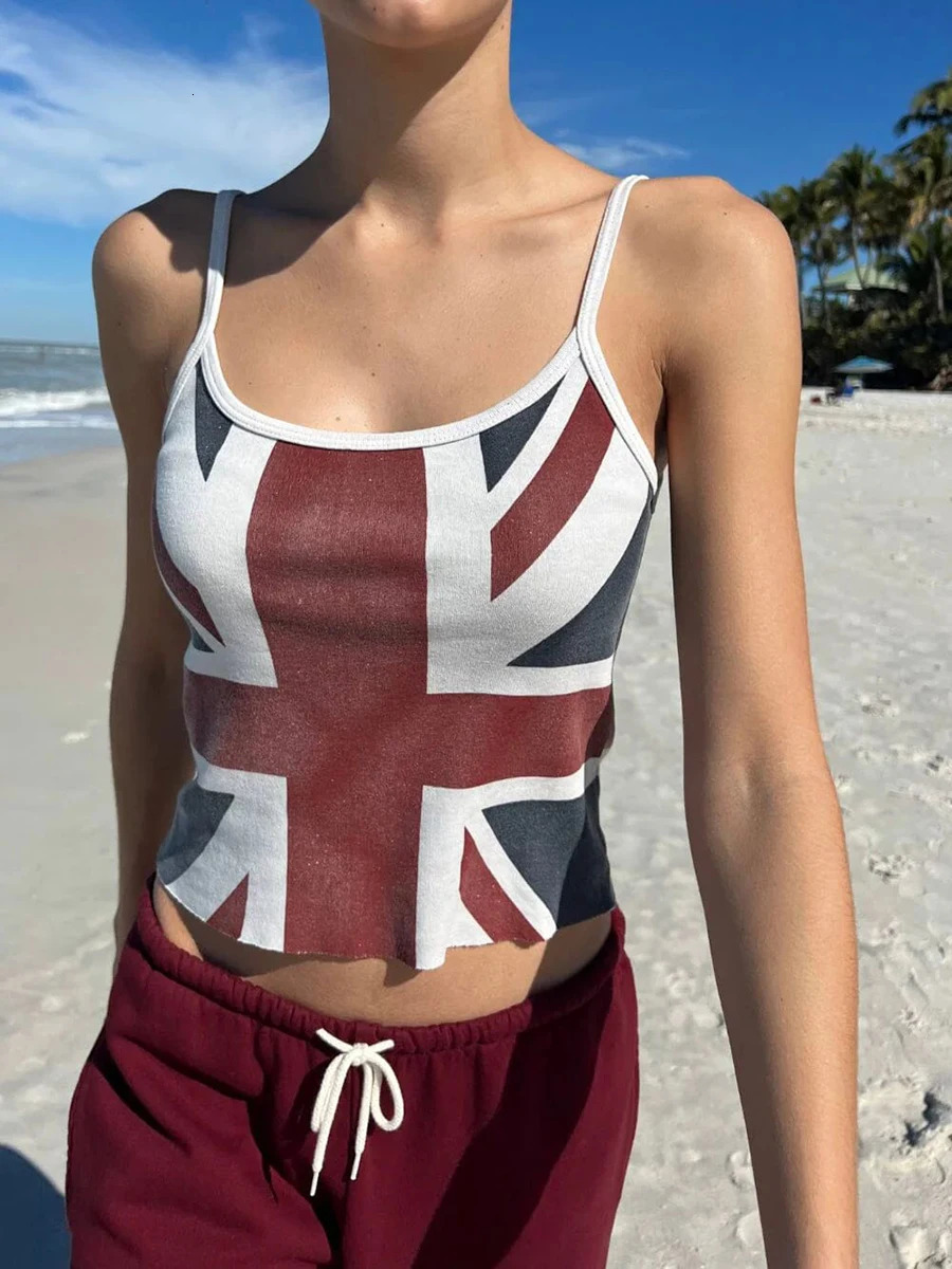 Flag print slim top womens summer sleeves soft cotton casual cut vest retro streetwear Y2k vest 250402