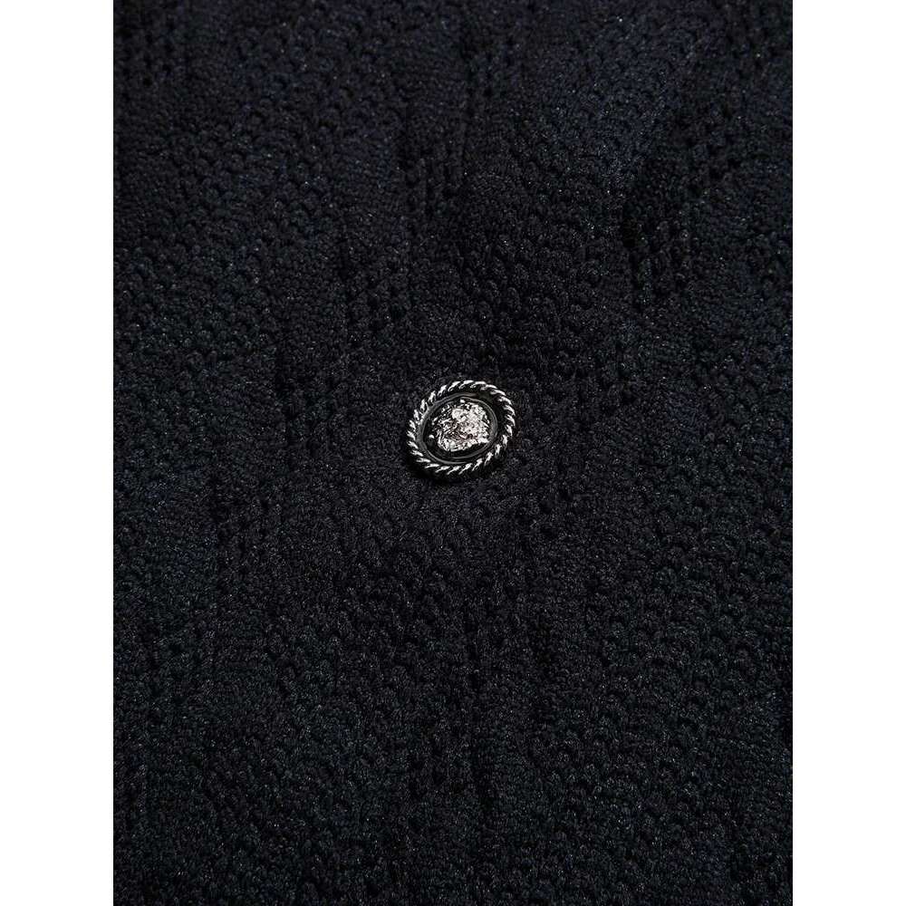 Fake Two College Blue Jacquard Knitted Cardigan Women Autumn O-Neck Soft Loose Tops Office Lady