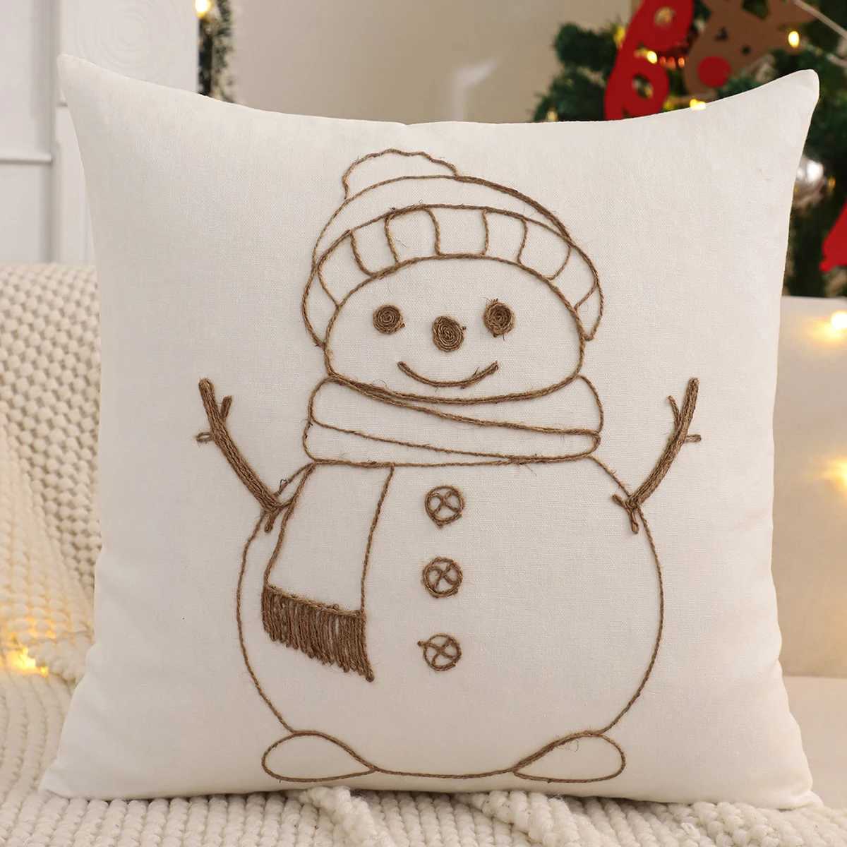 Embroidery Throw Pillow Cover Christmas Decoration Canvas Christmas Tree Reindeer Snowflake Winter Farmhouse Home Sofa Y251105