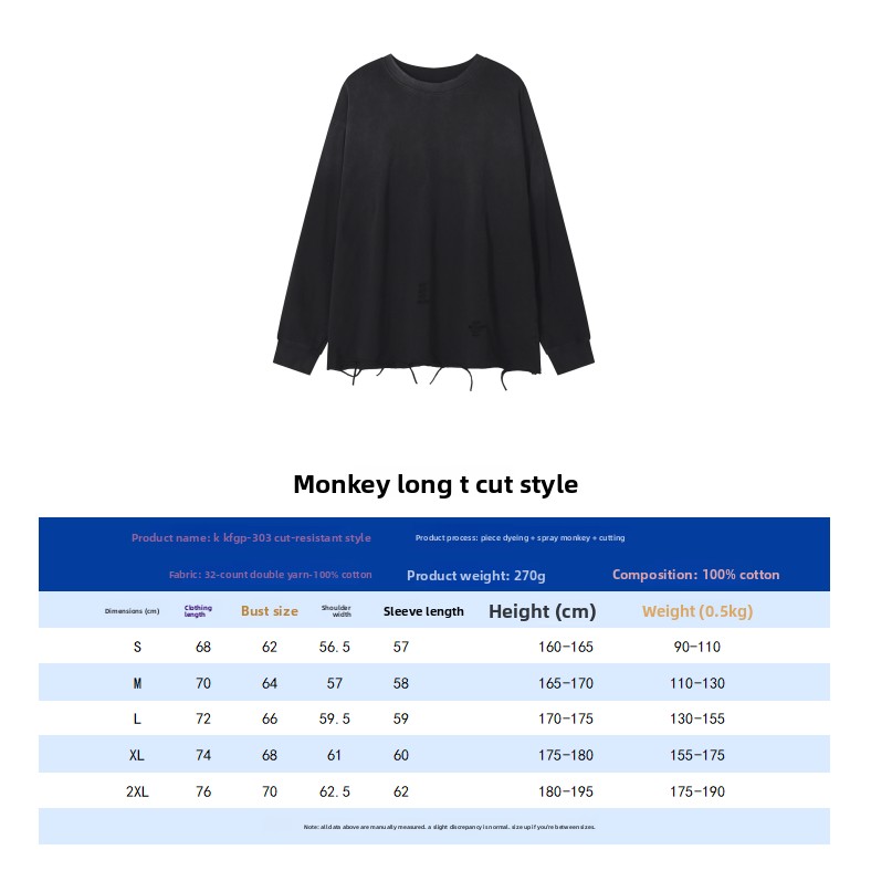 BLNCG Unisex Solid Color Long Sleeve T-Shirt, Distressed Design, Loose Retro Street Style, Oversize Fit, 100% Cotton Vintage Casual Top-KFGP-303