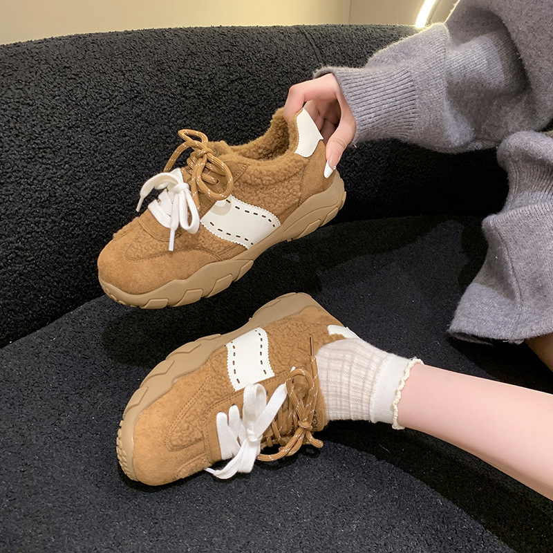 Retro mandarin duck lace-up thick-soled German training shoes women's fashion and versatile fleece warm casual Forrest Gump shoes