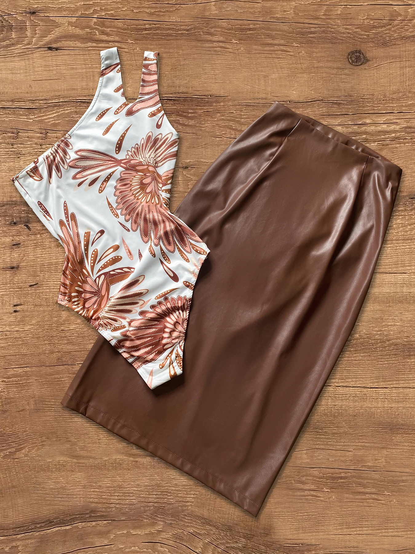 Chic Casual Wear for Her: Designer Polyblend Outfits Collection Rust-Colored Halterneck Blouse w/ Tapered Bottoms---1764