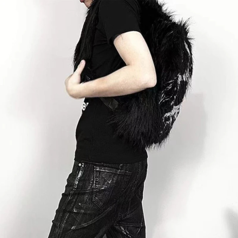 Vintage Print Fluffy Backpack Personality Y2k Aesthetic Fashion Schoolbags Women Casual Harajuku Streetwear All Match Backpacks 251104