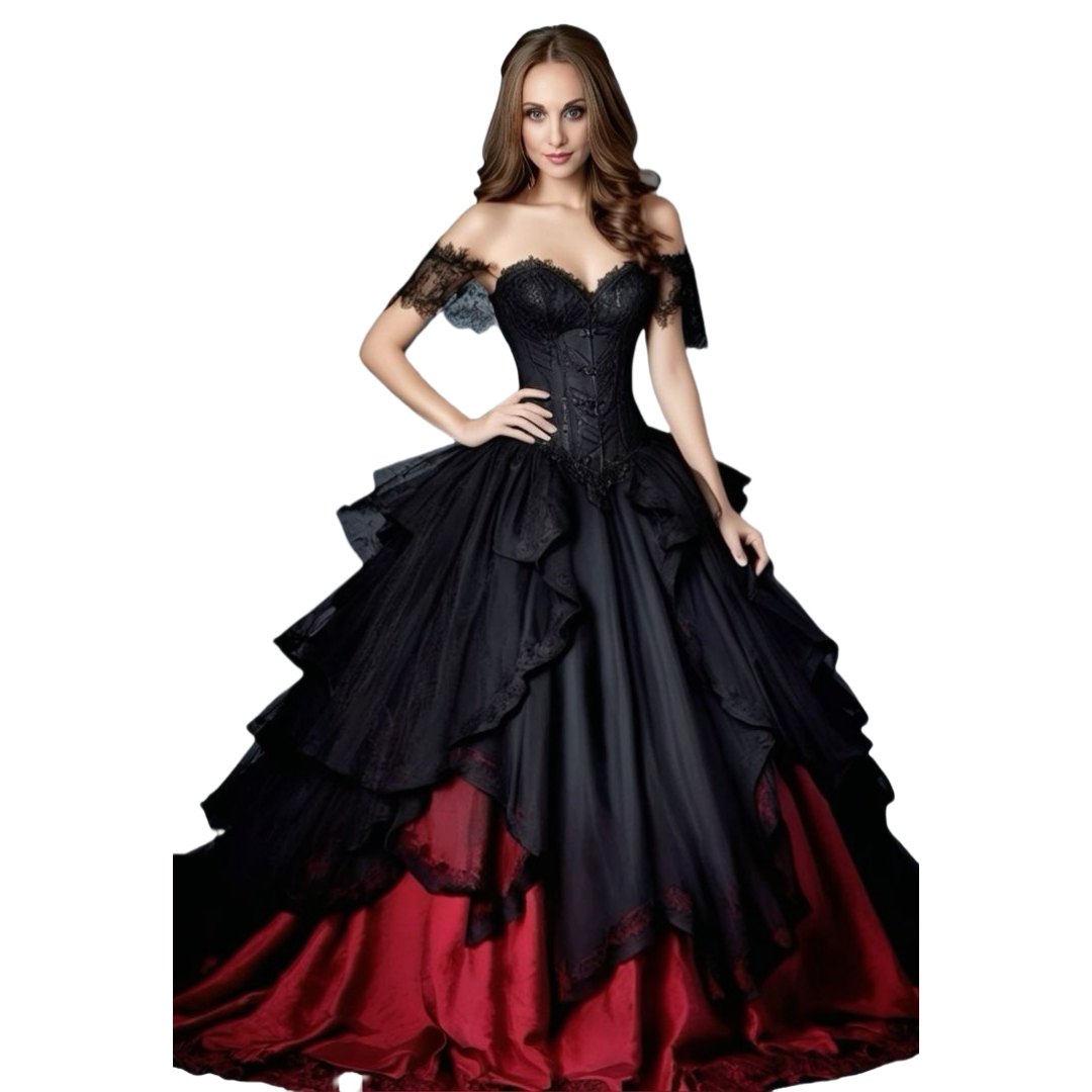 Gothic Black And Red Wedding Dresses Off Shoulder Ball Gown Vintage Vampire Bridal Gown Lace Appliques Corset Ruffle Medieval Vestido De Novia
