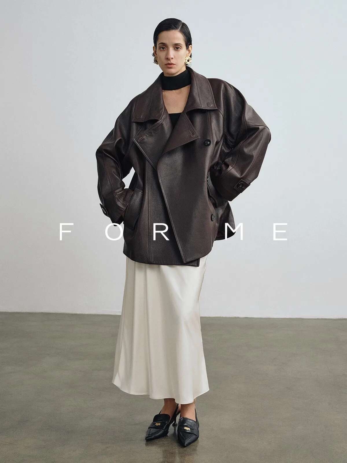 Lautaro Spring Autumn Cool Brown Oversized Pu Leather Jacket Women Raglan Sleeve Designer American Retro Clothing 2025