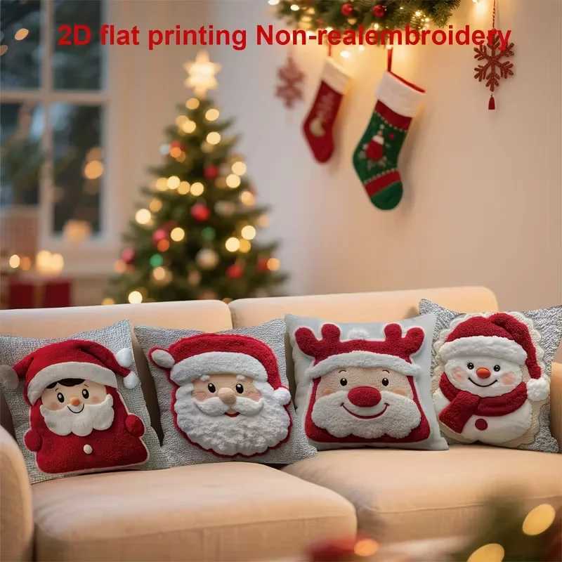 Christmas Cushion Cover 2D Santa Reindeer Pattern Soft Plush Pillow Case Living Room Sofa Decor Plush Pillowcase Christmas Decor Y251105