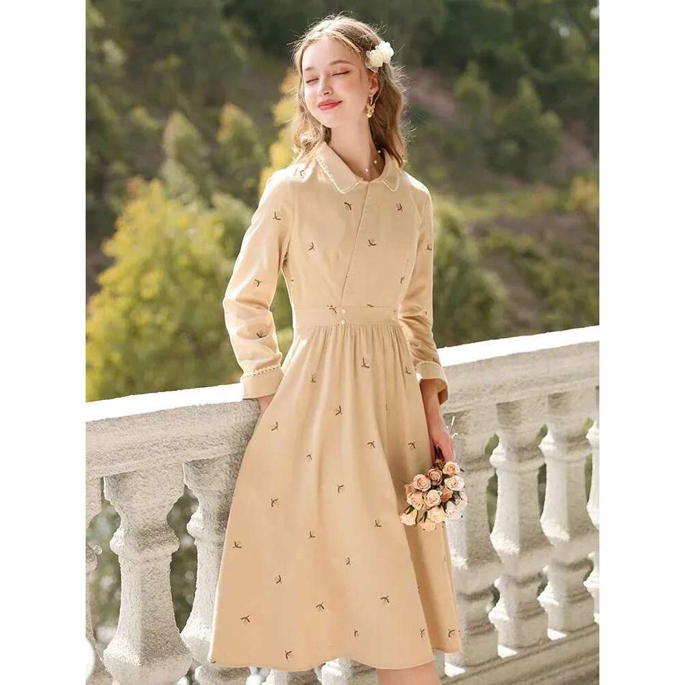 Cotton Women's Dresses French Embroidery Long Sleeve A-E Winter New Slim Temperament Dress