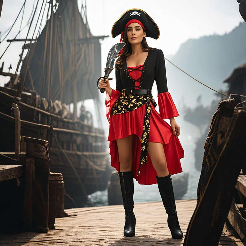 Halloween Costume Masquerade Red Pirate Cosplay Jack Sparrow Adult Women Caribbean Pirates Performance Outfit