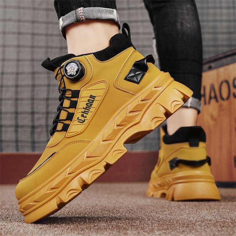 Autumn Winter New Men's High-top Martin Boots with Rotating Buckle No-tie Outdoor Hiking Wear-resistant Work Shoes for Men