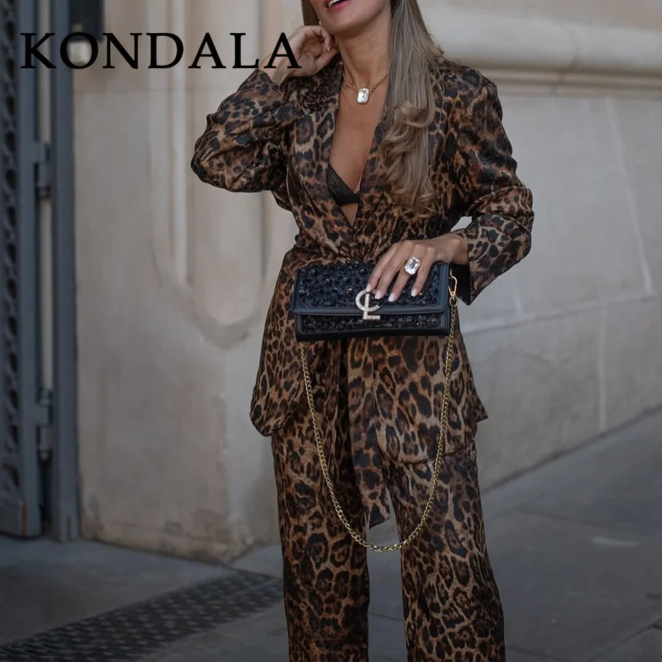 KONDALA Fall Winter Leopard Office Lady Suits Fashion Elegant Sashes Single Breasted Women Blazers Zip Up Straight Pants 251104