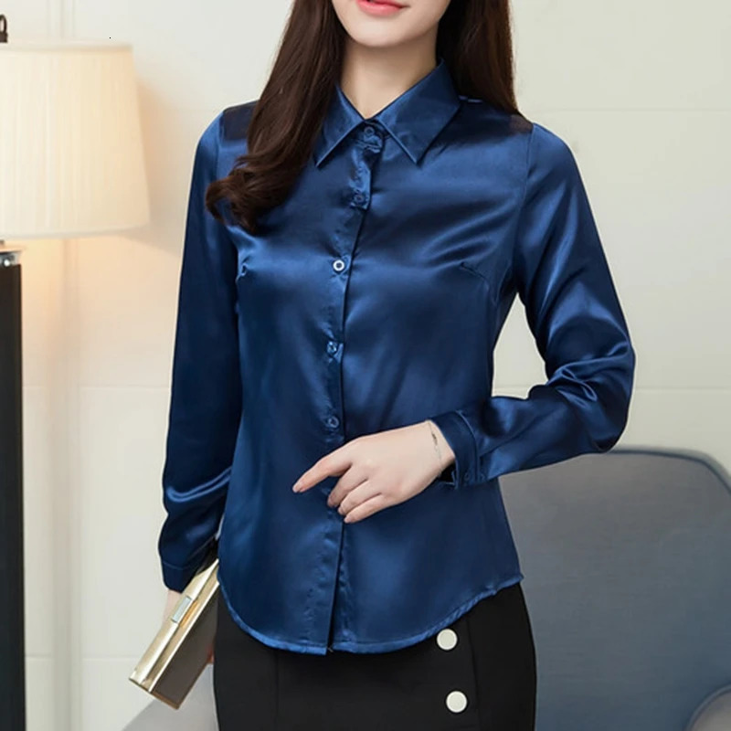 Stinlicher satin silk shirt womens autumn long sleeved elegant workwear top Korean fashion purple blue shirt 250402