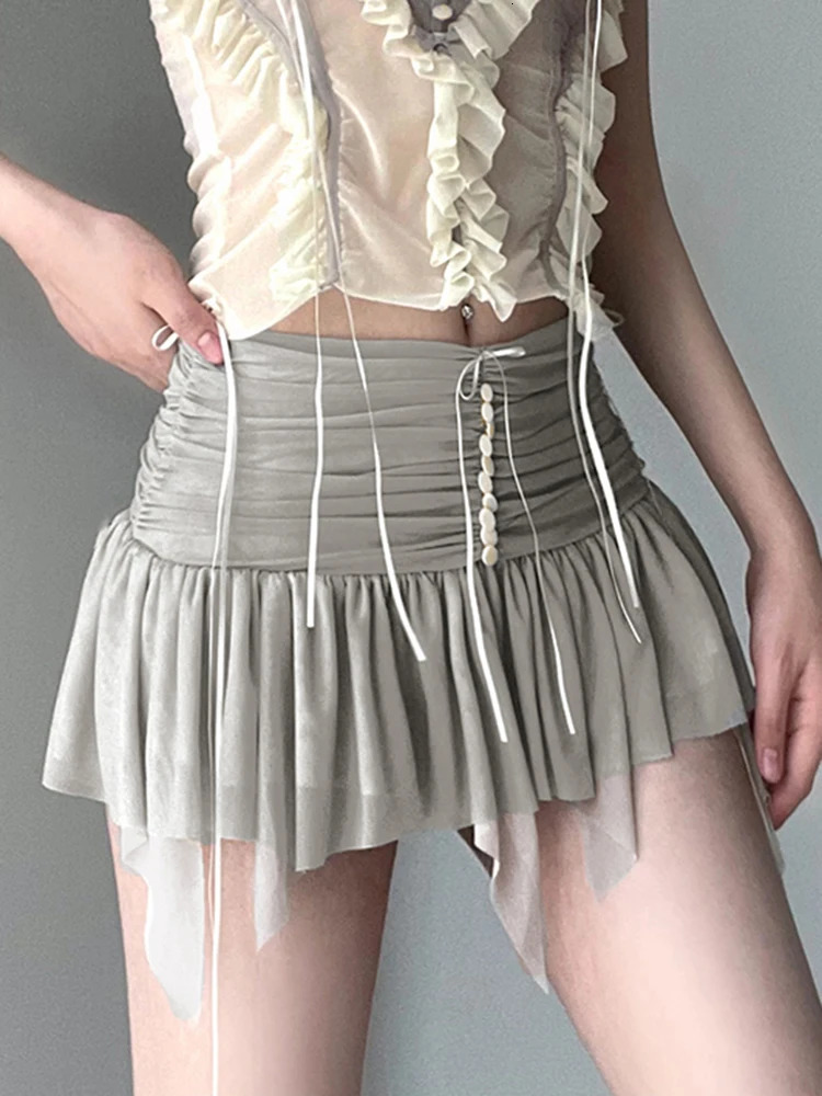 IAMSURE Vintage Folds Bandage A-Line Skirts Beach Style Slim Low-Waisted Super Mini Skirts Women 2025 Summer Fashion Streetwear 250402