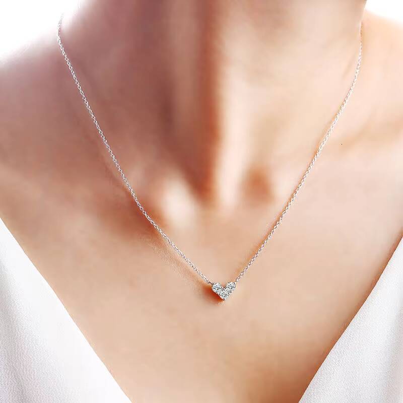 S925 Sterling Silver Heart-Shaped Necklace Diamond Pendant Short Clavicle Chain Rhodium Plated Moissanite Engraved Trendy Gift