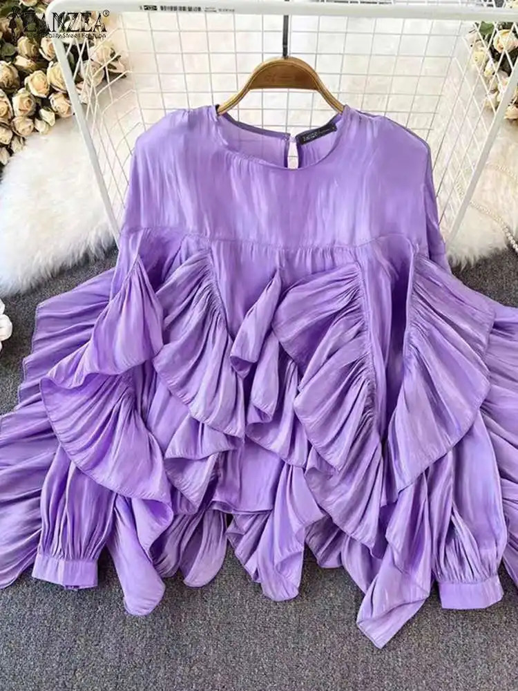 ZANZEA Fashion Ruffle Embroidered Long Sleeve Top Womens Korean Ruffle Shirt Autumn White Loose Blue Unique Round Neck Tune 250402