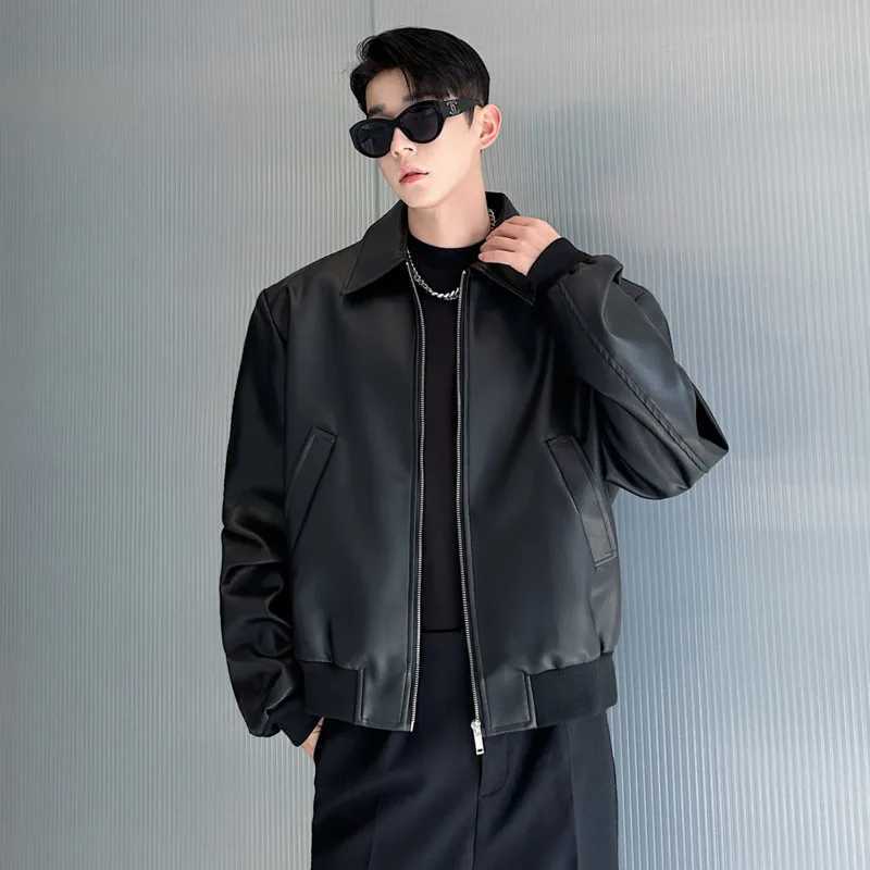 IEFB High Strt Mens PU Leather Coats Lapel Solid Color Casual Clothing Silhouette Loose All-match Male Jackets Autumn 9X914 C251105