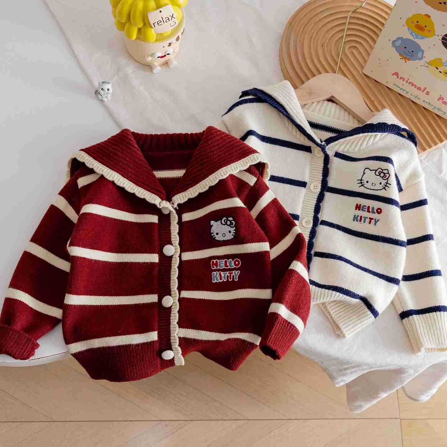 Sanrio Korean Girls Autumn Coat New Fashionable Sweet Cartoon Knitted KT Cat Striped Navy Collar Sweater Cardigan H251105