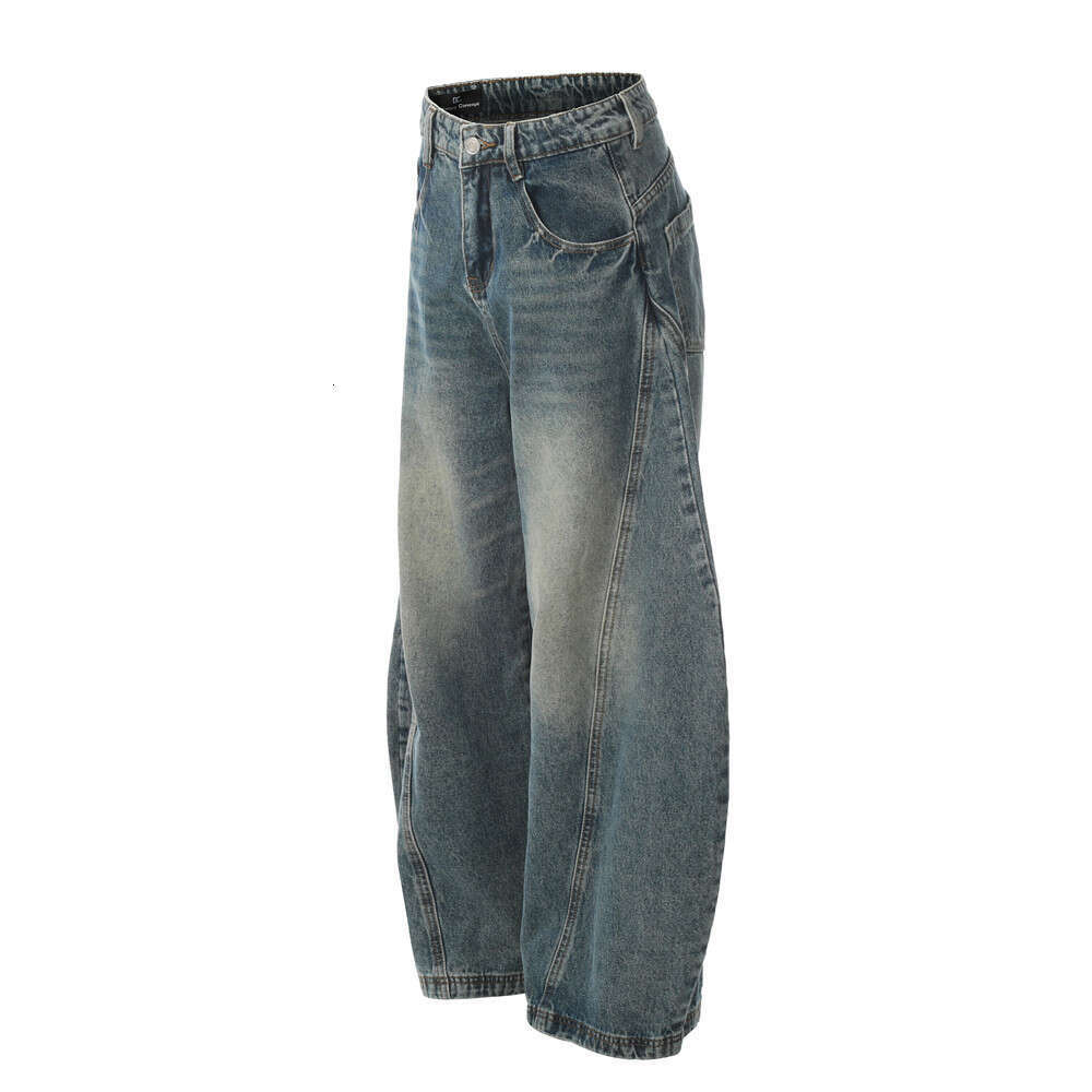 Men's Scimitar Jeans American Washed Vintage Street Style Cool Niche Design Trendy Loose Wide-Leg Pants