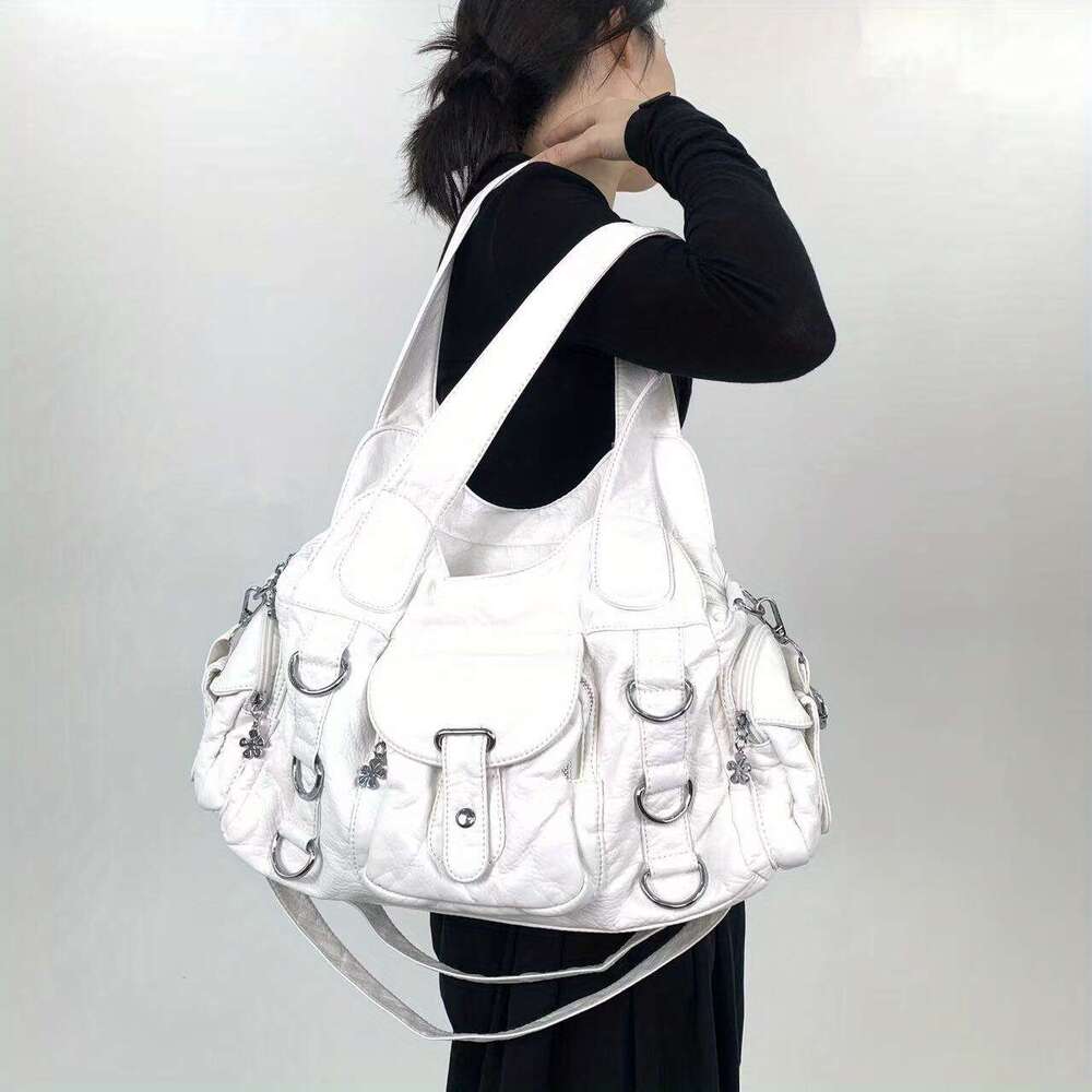 Women Retro Motorcycle Inspired Handbag Large Capacity Multi Pocket Crossbody With Detachable Strap, Golden Tone Hardware White