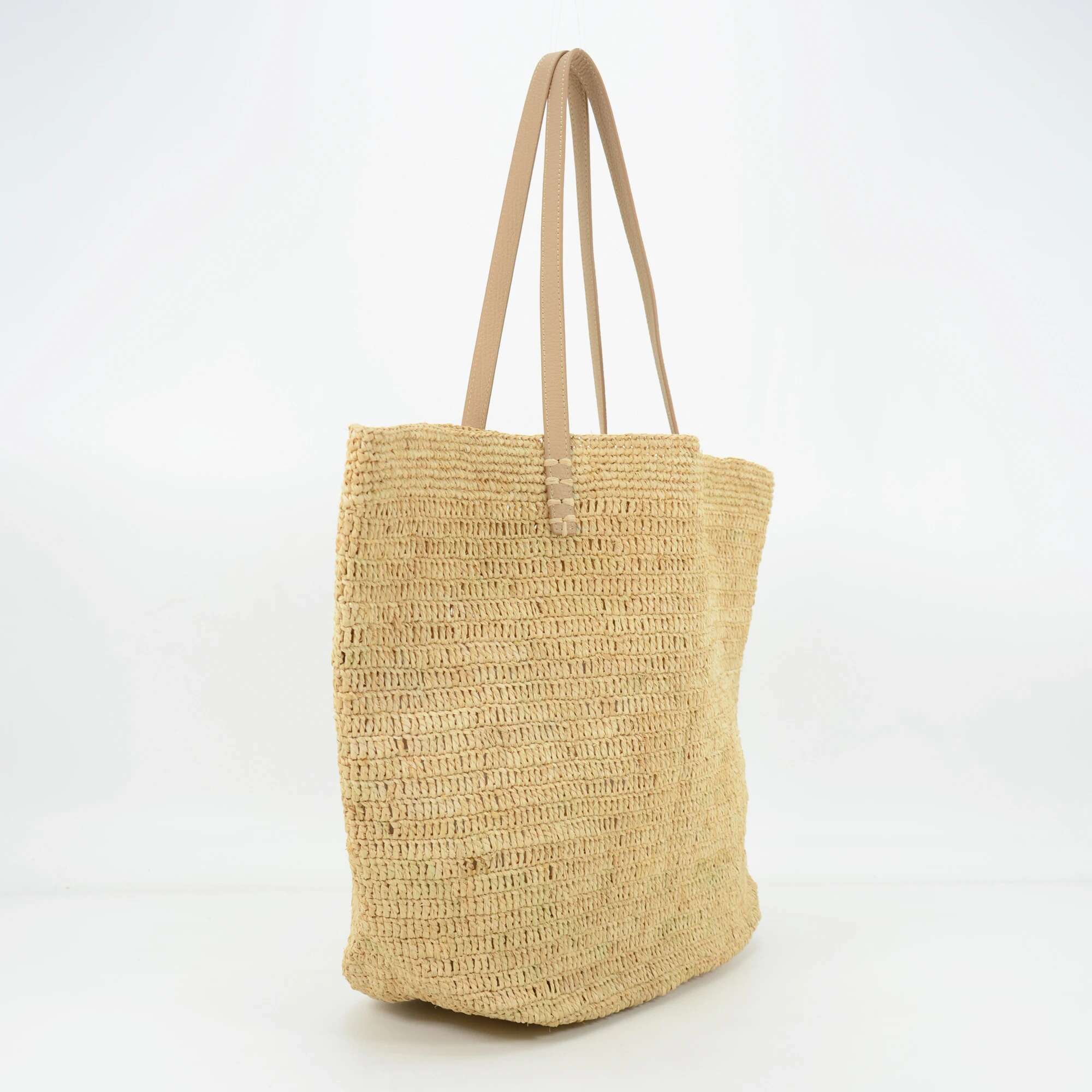 2024 Handmade Crocheted Natural Raffia Shoulder Bag With Nappa Leather Handles