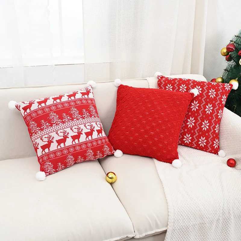30x50/45x45cm Vintage Christmas Knitted Pillow Cover Cojines Red Jacquard Plush Sofa Throw Cushion Covers Headboard Pillowcases Y251105