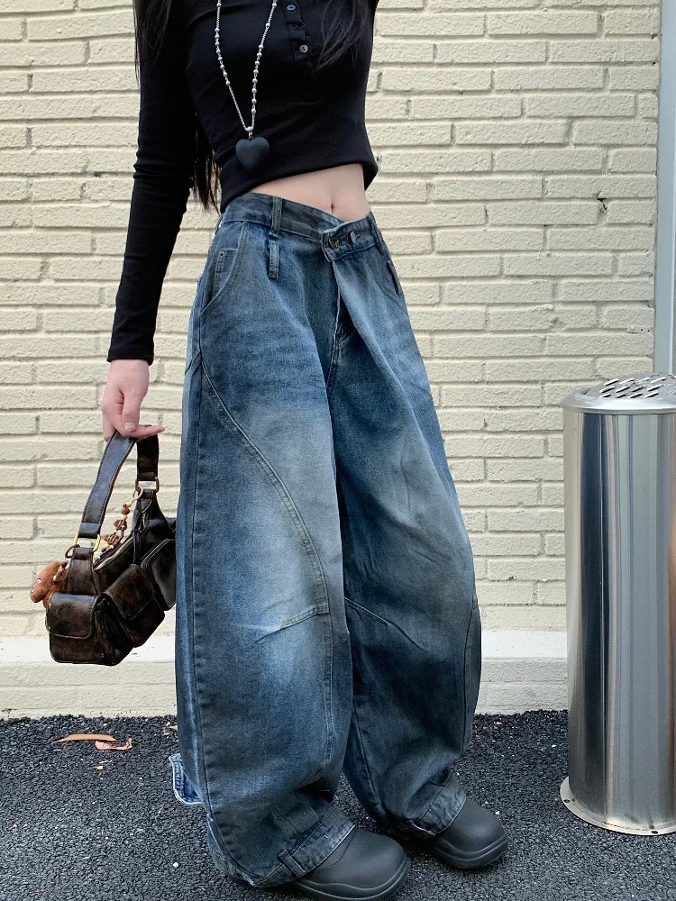 Grunge Y2K Street Laundry Blue Pocket Wrinkled Jeans Suitable for Womens Clothing Loose Long Legs Older Ladies Trousers 250403