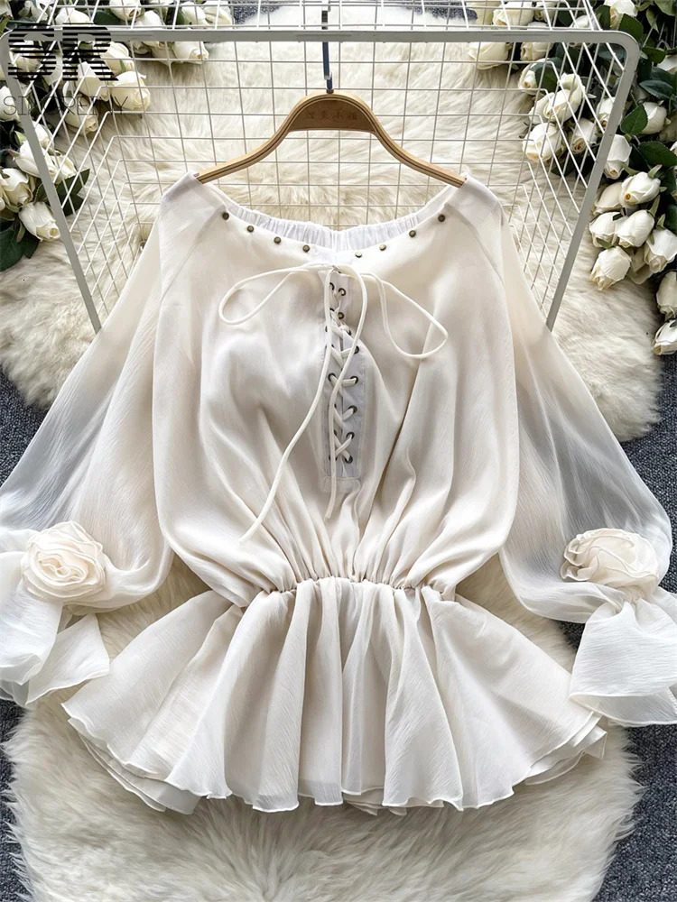 Singreiny Sweet Casual Chiffon Shirt Womens Summer Sparkling Sleeve Shoulder Lace Top Womens Ruffle Vacation Shirt 250402