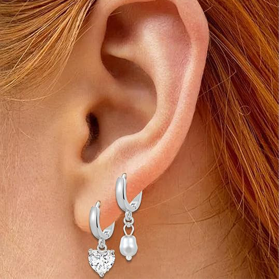 Huggie Hoop Earrings Silver Plated Small Dangle Hoop Earrings Heart Pearl Star Flower CZ Cartilage Earring Sets for Multiple Piercing Stacks Stud Hoop