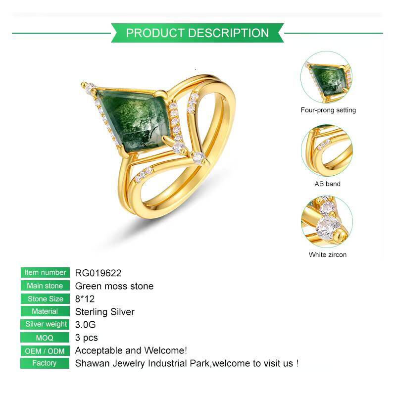 925 Sterling Silver Jewelry Plated Moissanite Ring Kite Cut Natural Moss Agate Girls Engagement Ring