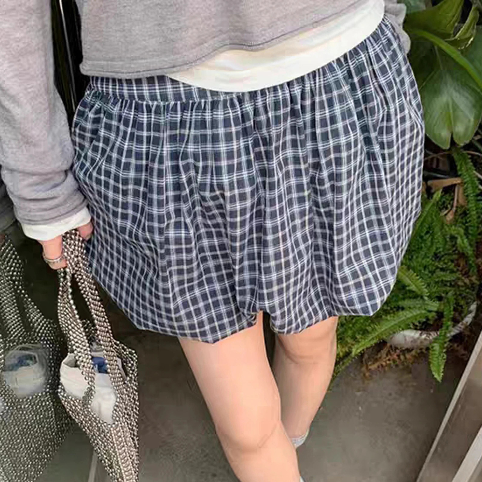 Womens beach vacation bubble skirt casual solid color/plain elastic mini A-Line ski streetwear 250402