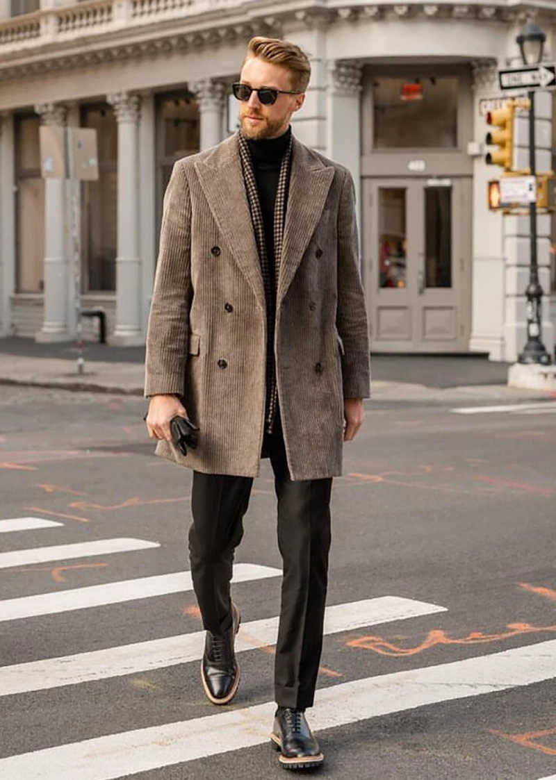 Casual Men's Corduroy Double Breasted Overcoat Peaked Lapel Mid-Length Trench Coat Business Winter Outerwear Custom Made