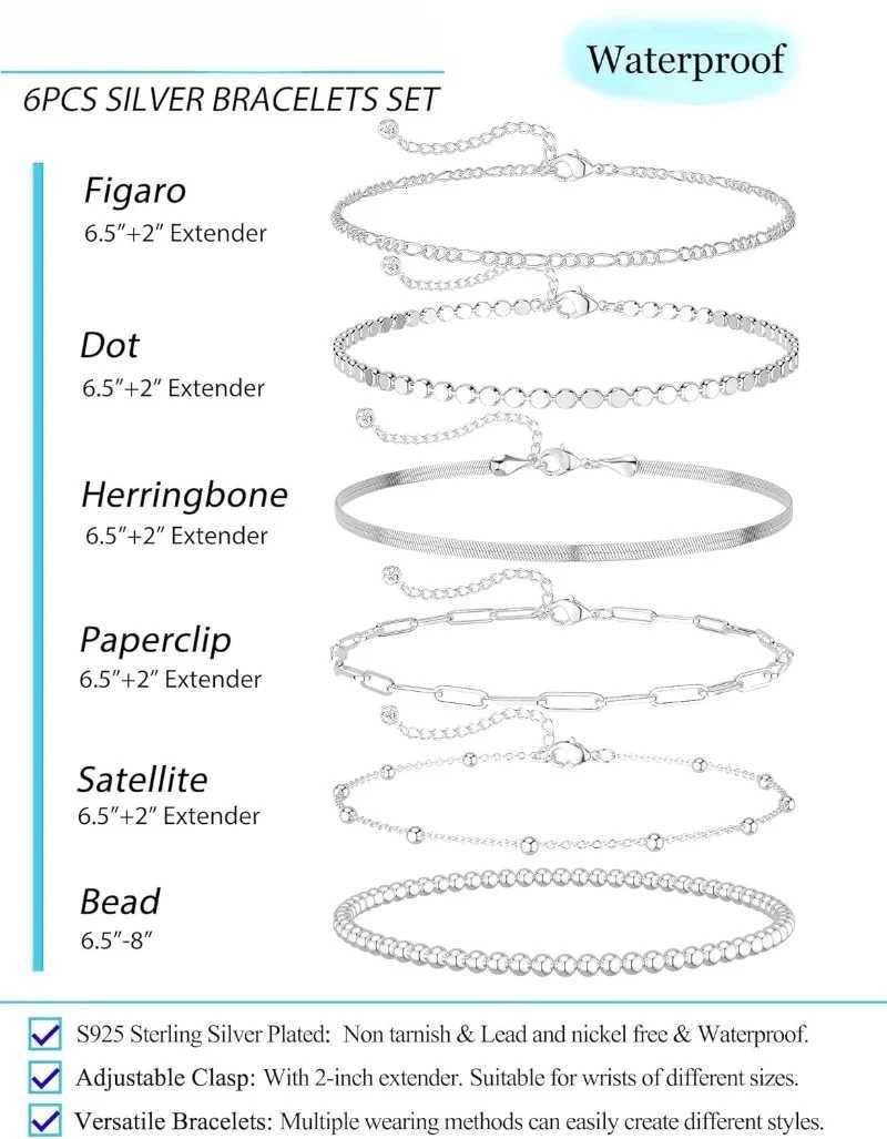 6pc/set Waterproof Stainless Steel Bracelet Set for Women Girls Fashion Bead Figaro Herringbone Paperclip Chain Bracelets PackXJ251105