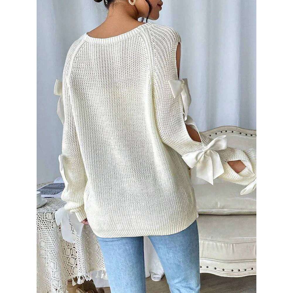 Fashionable Bow Details Hollowed Out Raglan Sleeves Knit Round Neck Minimalist Sweater Designer Sweater Bear Sweater