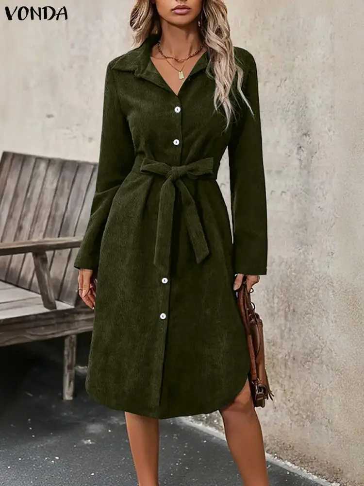 Plus Size 5XL VONDA Women Elegant Corduroy Dresses 2025 Autumn Long Sleeve Solid Midi Vestidos Casual Streetwear Party Robe J251105
