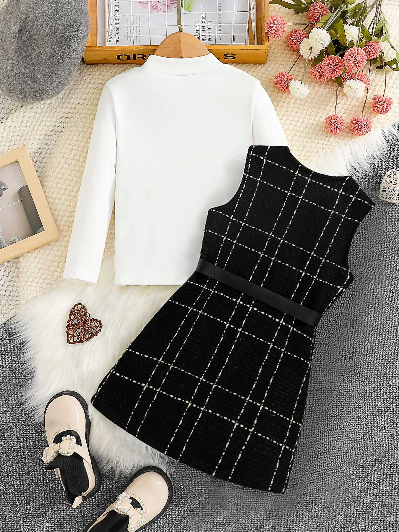 Spring and autumn Fashion Kids 2-piece ceremonial dress for cute girls Solid color crew neck shirt plaid lapel skirt suit Y251105